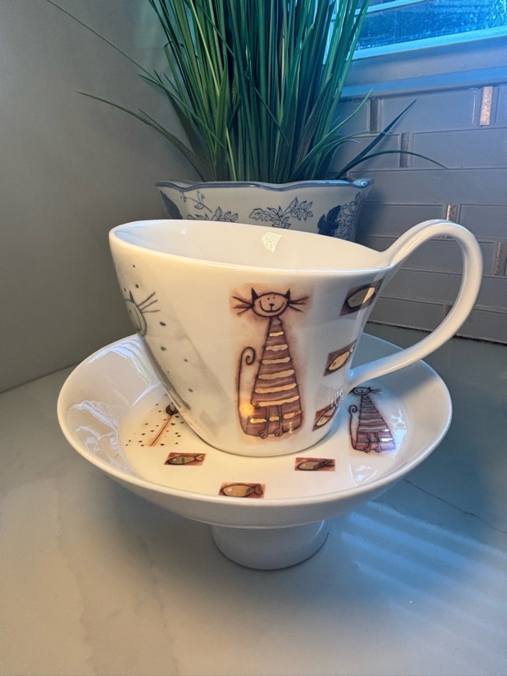 SOLD - Whimsical DUO Animals Classic Cats Porcelain Tea Cup & Saucer Set